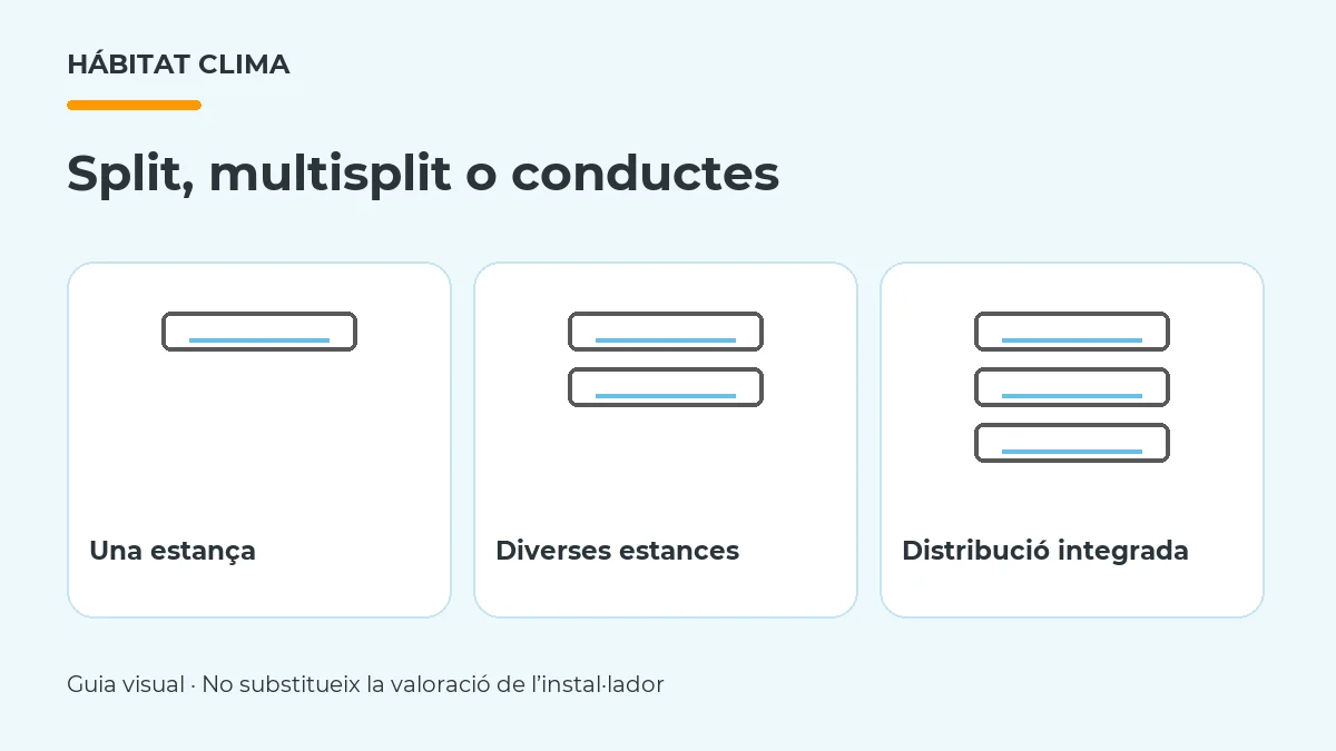 Comparació visual de split, multisplit i aire condicionat per conductes
