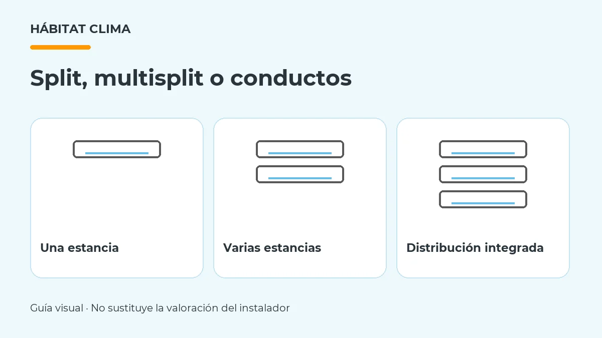 Comparación visual de split, multisplit y aire acondicionado por conductos